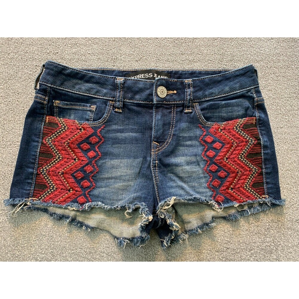 Express Jeans Women's Shorts Denim Blue Embordered Size 00 embordered